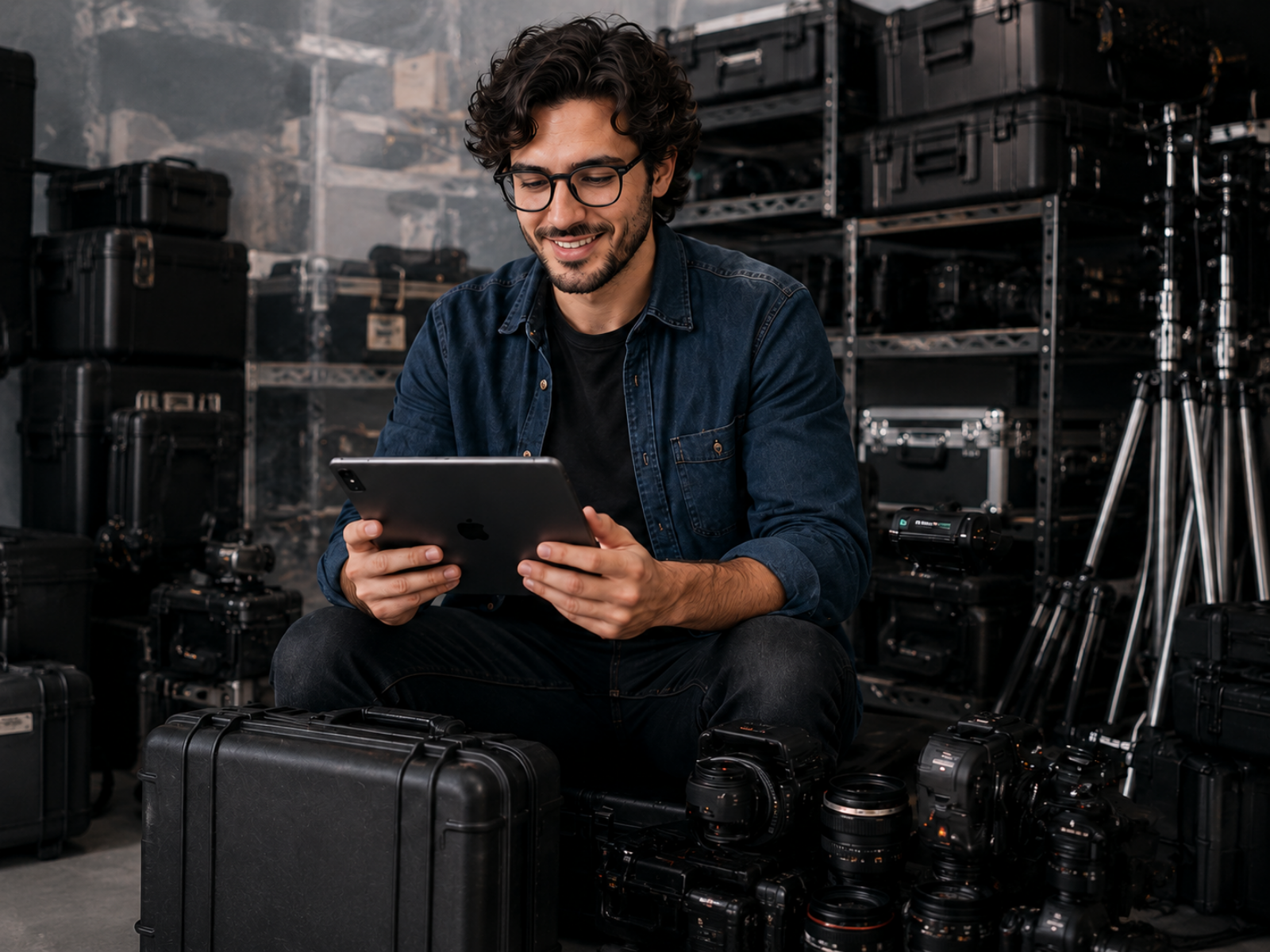 Equipo de producción trabajando en set con Baggu App